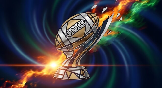 A stunning digital illustration of a golden and silver trophy cup with a soccer ball on top surrounded by swirling flames and lights on a dark background