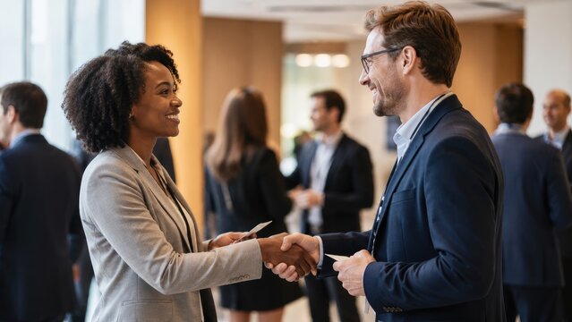 Two professionals exchanging business cards and shaking hands at a networking event with colleagues conversing in the background