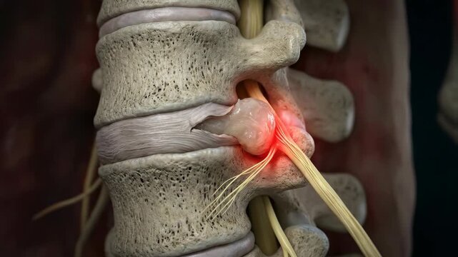 Lumbar pathology development: disc hernia, nerve compression, backache sensation, spinal disorder, acute discomfort, chronic disease, vertebra degenerate, orthopedic issue, neurologic implication.