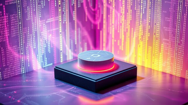 Futuristic display pedestal with glowing code streams. Digital interface, vibrant colors, technology concept. Minimalist design, dark background.