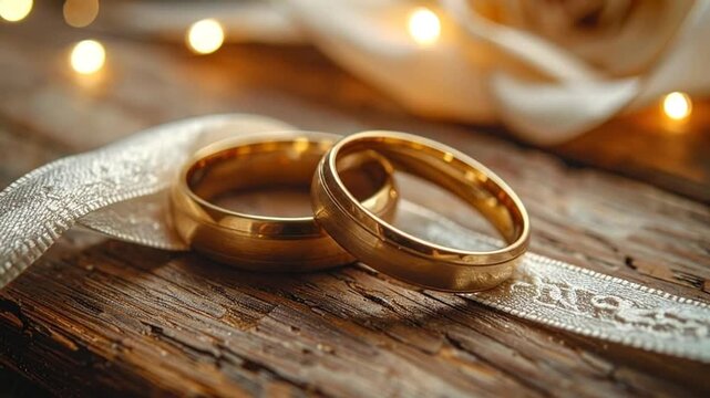Two golden rings on a decorative ribbon, a symbol of commitment and love