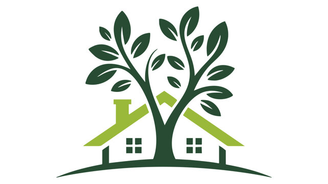 Tree with Green Leaves Growing From a Farmhouse Scene, Illustrated Logo Style with Home Windows and Roof Shapes
