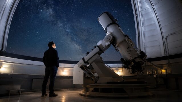 Person observing a large research telescope inside an open observatory dome under a starry Milky Way night sky