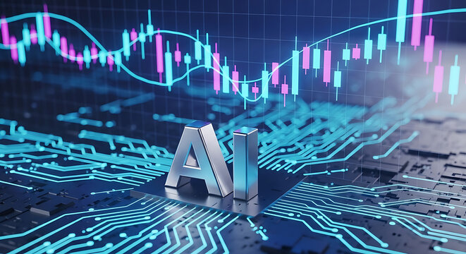Artificial intelligence conceptual text on circuit board with trading market graphs intelligence technology artificial analysis computer automation software algorithm innovation electronics