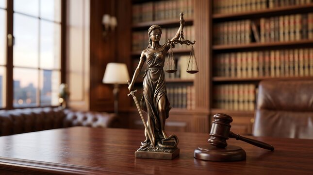 Lady Justice Statue in Law Office with Gavel and Legal Books professional justice &mdash; legal imagery