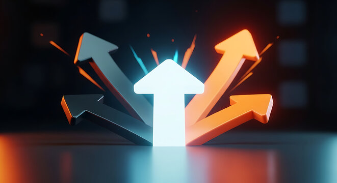 Business growth concept with illuminated arrows pointing in different directions business direction strategy marketing leadership innovation management development improvement decision