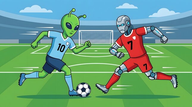Sci-fi illustration of an alien and robot playing football in a stadium during a high energy match