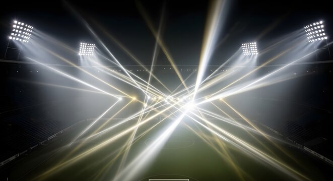 Bright stadium lights shining down on a darkened sports field at night with beams of light