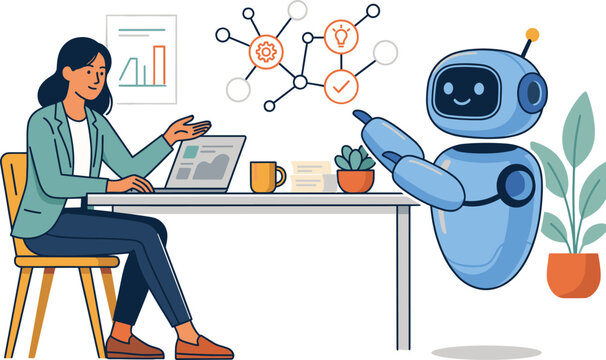 Businesswoman Communicating with AI Robot Assistant in Modern Office Workplace Technology Vector Illustration