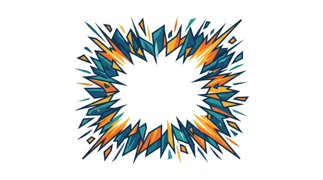 Abstract burst of geometric shapes and colors radiating outwards.
