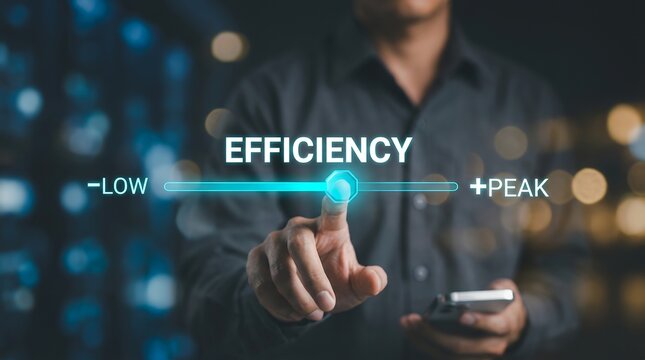 A businessman's hand touches a futuristic slider interface displaying EFFICIENCY with indicators for LOW and +PEAK, symbolizing improved performance and optimization in a digital, modern setting.