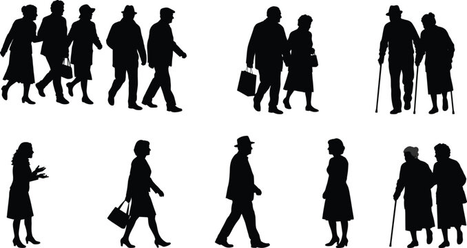 Elderly people silhouettes collection featuring senior citizens walking talking and shopping isolated on white background