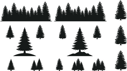Pine tree silhouettes collection with coniferous forest borders and evergreen spruce elements isolated on white background © MDSAMEUL