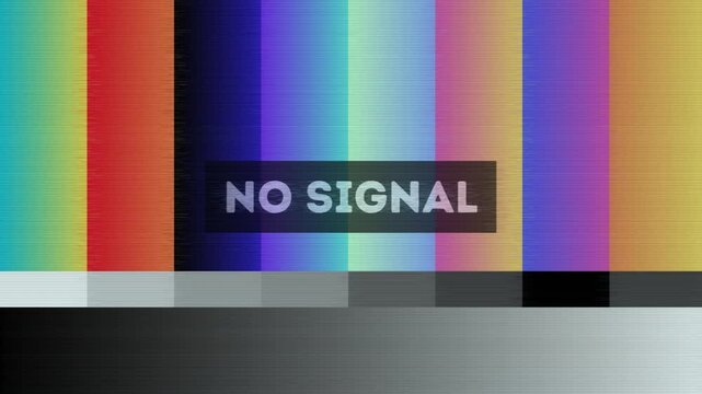 Displaying a classic television broadcast test pattern featuring colorful vertical bars and an overlaid 'NO SIGNAL' text warning