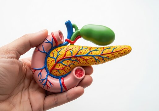Human hand holding anatomical pancreas model