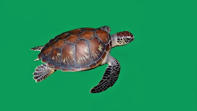 A realistic turtle slowly walks forward with detailed shell textures and natural limb movement, isolated on green screen.