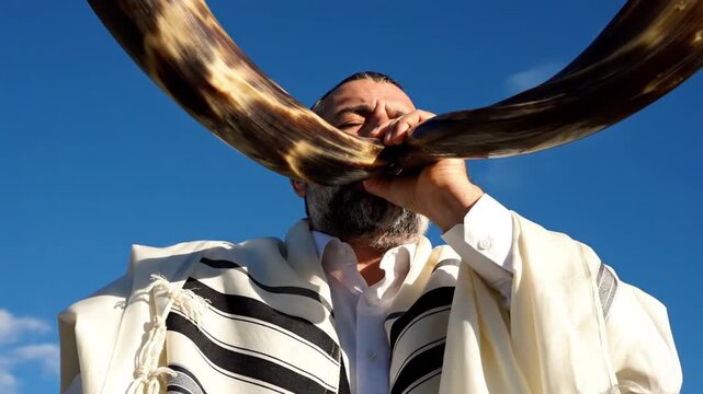 Jewish man blowing a shofar under a clear blue sky