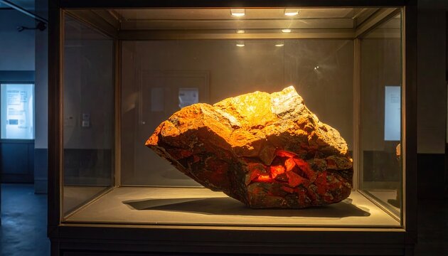 Luminous orange-red uranium ore fragment glowing intensely within a museum display case, showcasing its natural radioactive properties and geological significance.