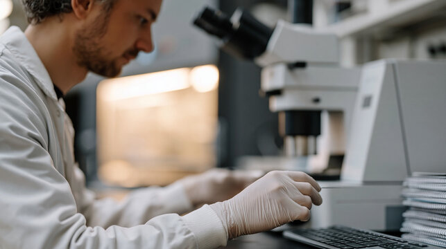Postdoctoral researcher in nitrile gloves positions a perovskite solar cell substrate beneath a spectral analyzer inside a university photovoltaics laboratory, fume hood glowing softly, lab notebook