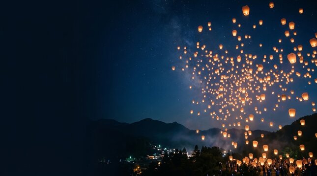 Night Sky Filled with Thousands of Floating Lanterns Over a Village
