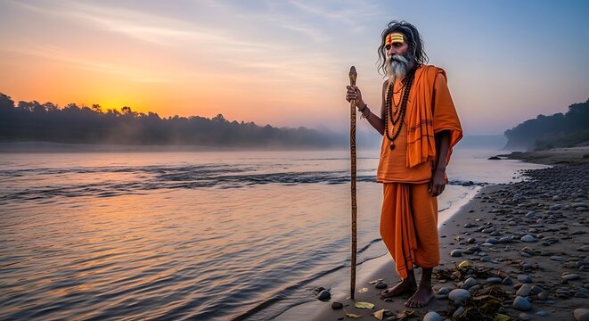 Indian sadhu standing with wooden staff by the river at sunrise