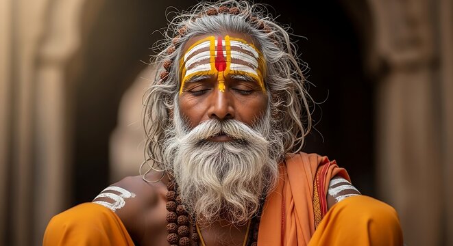 Indian sadhu with traditional tilak meditating in peaceful prayer