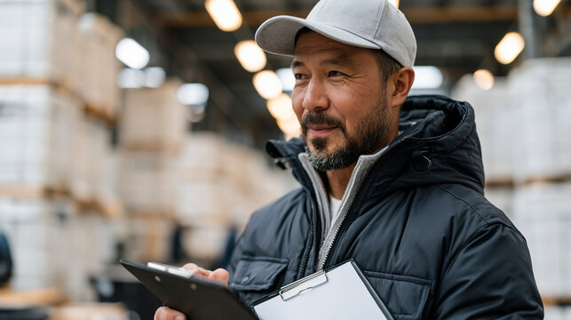 Fisheries inspector in industrial processing warehouse checking salmon shipment temperature logs at crowded receiving dock, clipboard pressed against chest, stacked cargo containers stretching into 