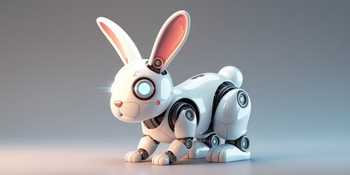 Mechanical white rabbit robot model showing detailed metallic joints and glowing blue optical eye sensor for futuristic pet toy concept.
