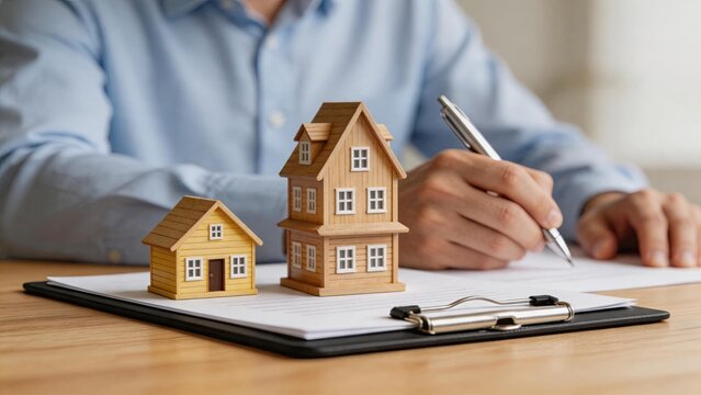 Close up of hands signing legal contract documents with wooden model houses on clipboard, real estate transaction, home buying agreement and property ownership transfer concept.
