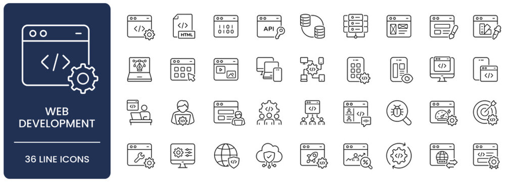 Web development icon set. Collection of frontend coding, backend programming, responsive web design and user interface line icon vector illustration with editable stroke.