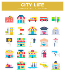 Obraz premium City life icon collection with buildings. transportation. and sports elements.