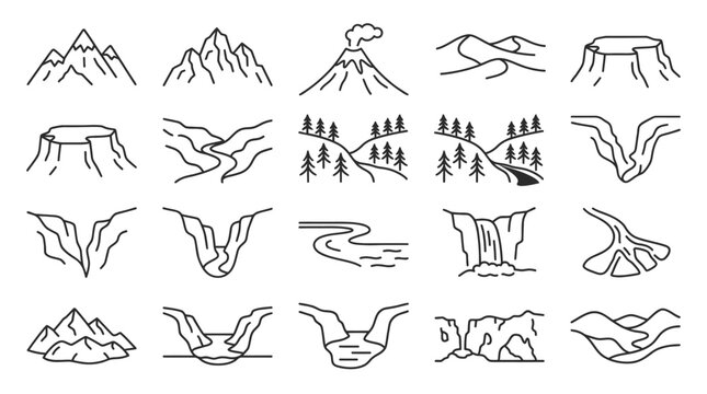 Geological Formations Collection: A stylized, minimalist collection of line art illustrations depicting diverse geological landforms including mountains, volcanoes, canyons, rivers, and plateaus.