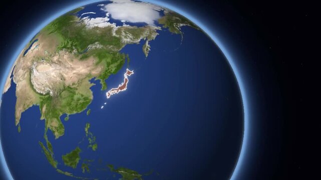 Animated globe zooming to highlight Japan with national flag and country data infographic