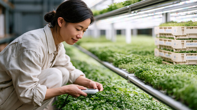 Agronomist crouches between tiered vertical farming trays illuminated by full-spectrum LED arrays inside a commercial indoor facility, measuring leaf chlorophyll levels with a handheld meter, harves