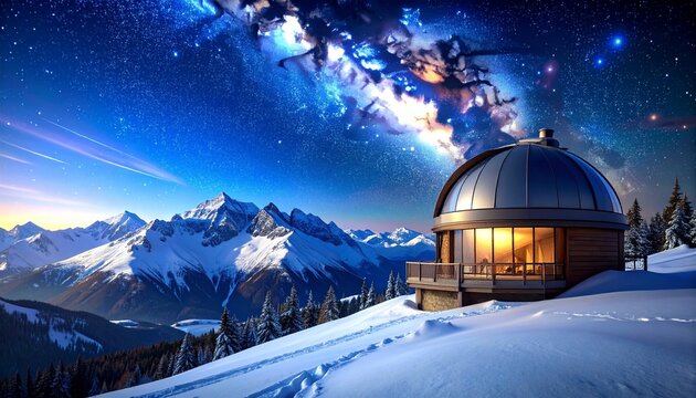 Snowy mountain ski resort with modern gondola lift.