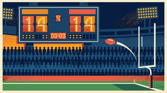 Retro style vector illustration of an American football field at night with a scoreboard and a ball flying towards goal posts