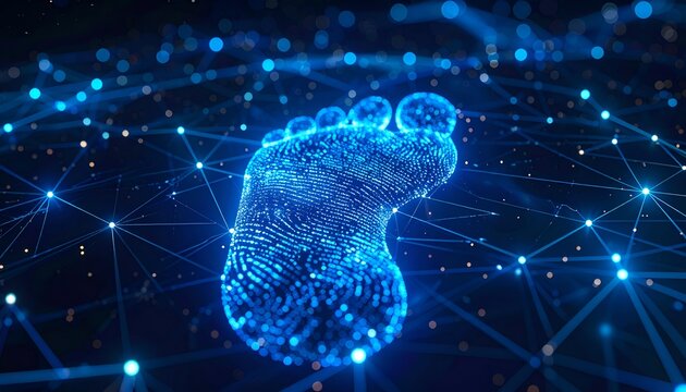 Digital footprint pulses on a glowing blue network. Connected dots trace data pathways beneath it