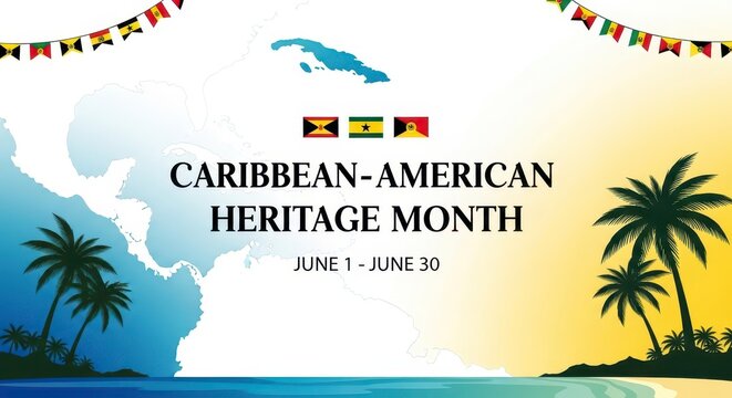 Caribbean American Heritage Month celebration banner with tropical landscape and cultural flags