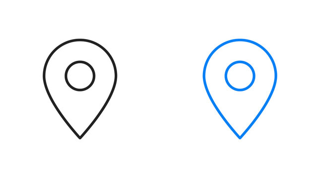 Two pin icons, one black and one blue, on a white background
