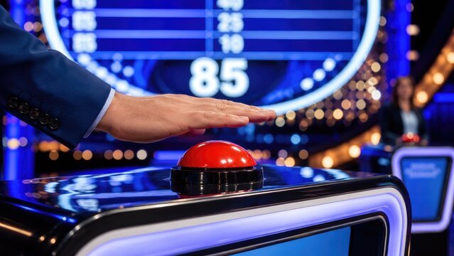 Hand poised over a red buzzer on a glossy game show podium with illuminated scoreboard and studio lights in the background