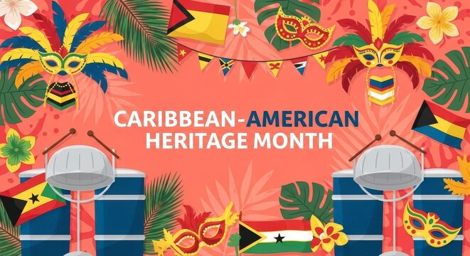 Colorful Caribbean American Heritage Month celebration banner with cultural symbols and festive decorations