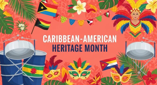 Colorful Caribbean American Heritage Month celebration with cultural symbols and festive decorations