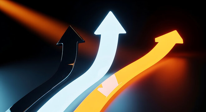 Three glowing upward pointing arrows representing growth and progress with progress business direction improvement performance strategy movement achievement development increase management