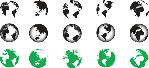 World globe icon collection with Earth map silhouettes and international geography symbols. Modern global communication and travel design elements for business, education and environmental projects.  © Parul