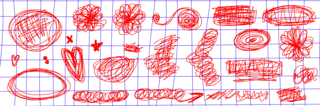 Messy pen scratches and wild squiggles dance across the page. Scribbled circles and doodle lines create a chaotic textured illustration full of pen scratch energy.