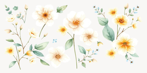 Fototapeta premium Watercolor bouquet of yellow wildflowers and green foliage with watercolor wildflowers botanical painting isolated illustration decoration blooming ornament composition decorative artistic
