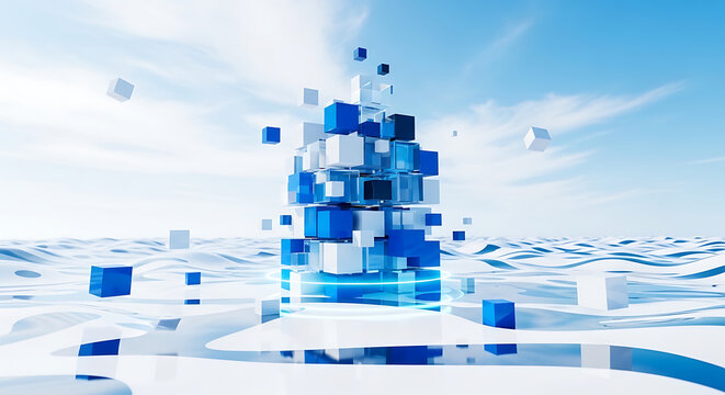 Abstract digital structure made of blue and white geometric cubes in virtual space with abstract geometric technology structure floating minimalist background innovation computer landscape