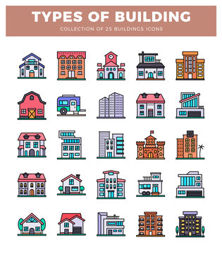 25 different building icons displayed in a grid on a white background with a pink header.