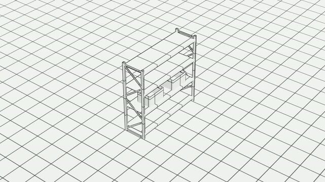 3D animated warehouse shelf rack with cardboard boxes rendered in color on black and wireframe on white grid, ideal for logistics, supply chain, ecommerce, and business motion graphic themes.