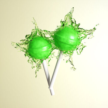 Lollipop with splash of juice on green background. 3d-rendering